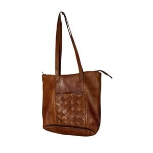Vilenca Holland Olivia Large‎ Cognac Brown Leather Shoulder Bag Tote Woven Front